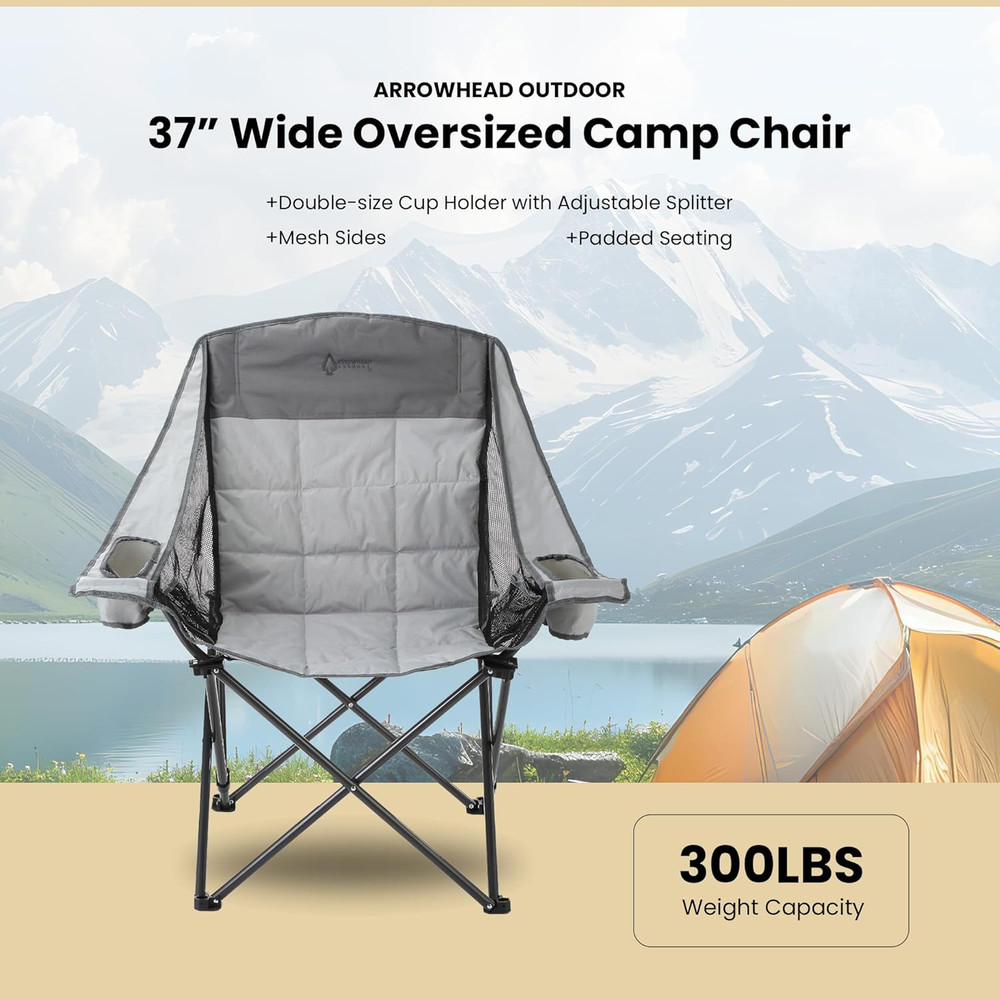 Oversized Folding Camp Chair W/Adjustable Double Sized Cup Holder, Mesh Sides, I