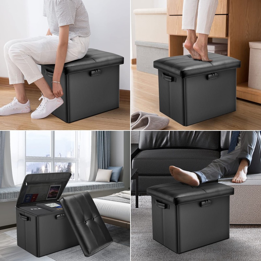 Storage Ottoman with Lock,Fireproof Folding Ottoman Foot Rest Stool Storage C...