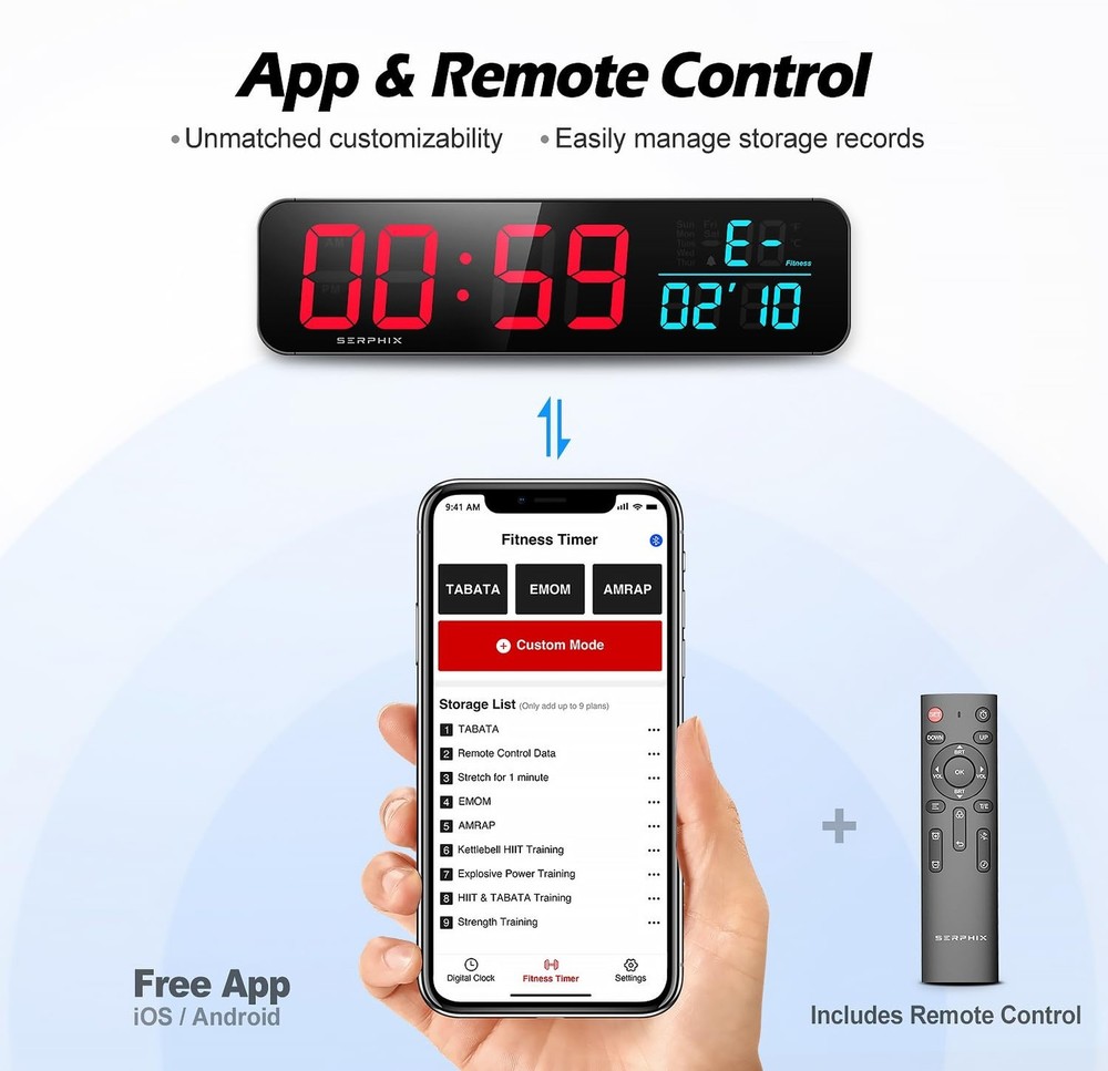 15.2" Gym Timer, App & Remote Control, Customizable LED Colors, Temperature, ...