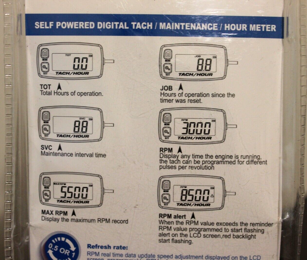 Backlight Digital Tach Maintenance Hour Meter LCD Self Powered Tachometer
