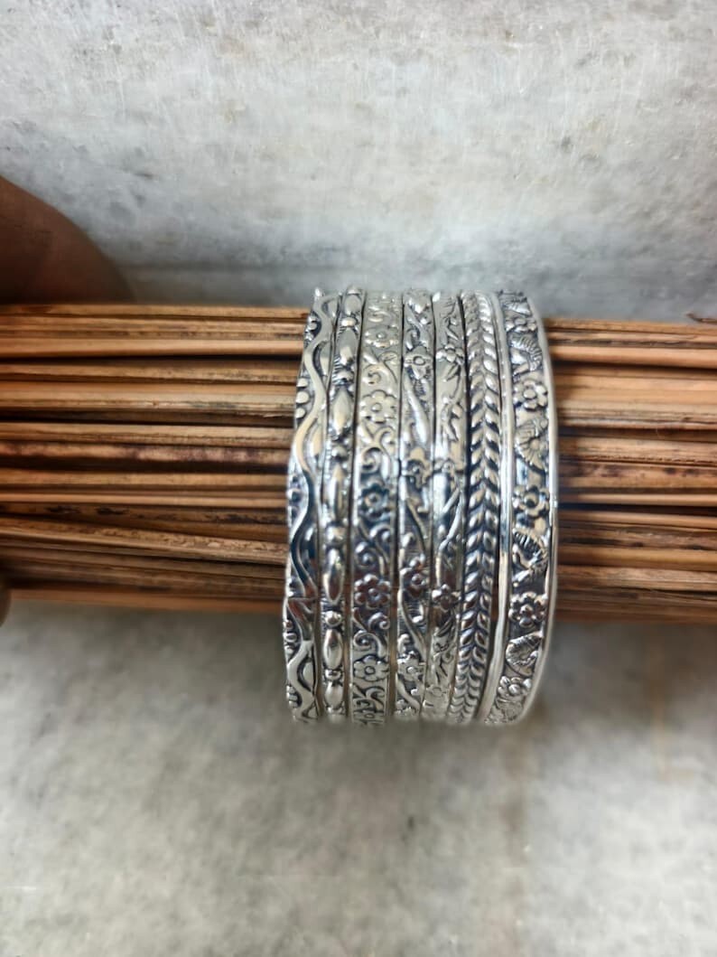 Solid 925 Sterling Silver Bangles, Hammered Bangles Stacking Set of 7 Bangles