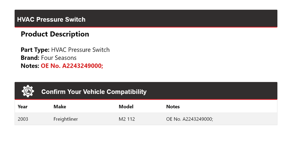 For 2003 Freightliner M2 112 HVAC Pressure Switch 4 Seasons
