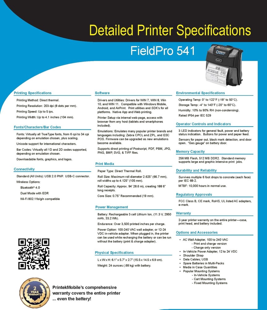 Printek 93846 FP541 SE Direct Thermal 4" printer, USB, Bluetooth