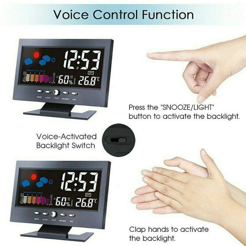 LED Digital Clock With Thermometer Hygrometer Weather Display & Voice Control