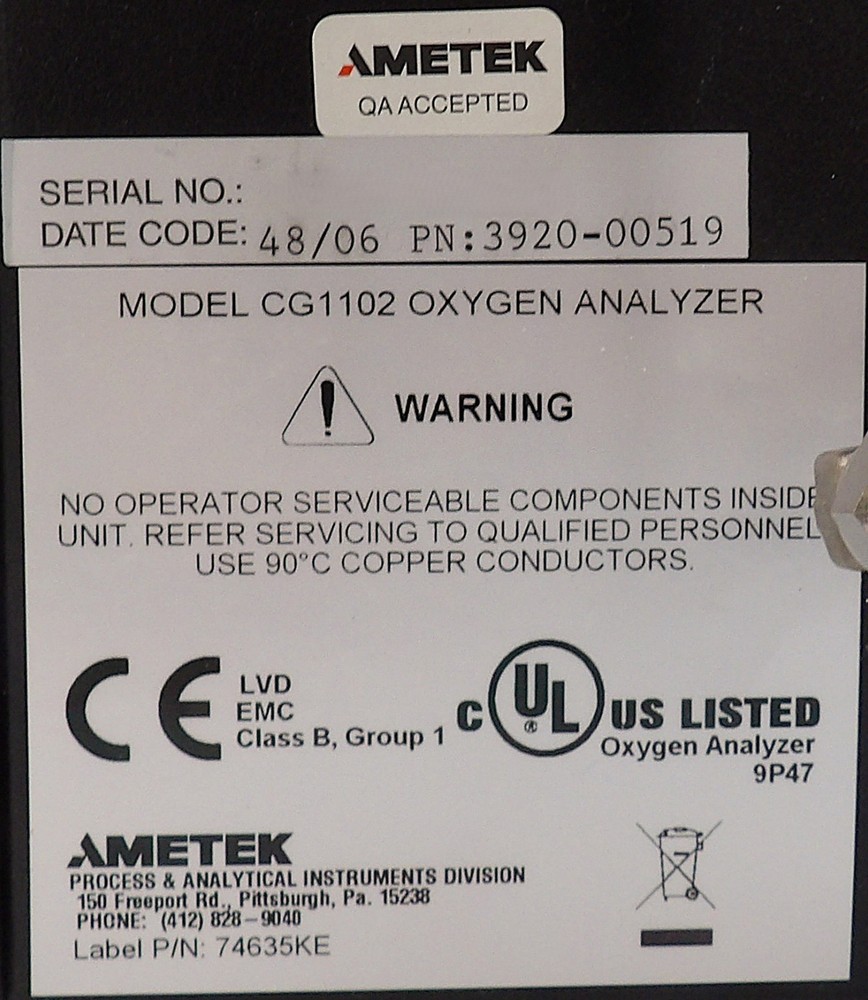 AMETEK Process Instruments Dycor CG1102 O2 Oxygen Analyzer Refurbished Surplus