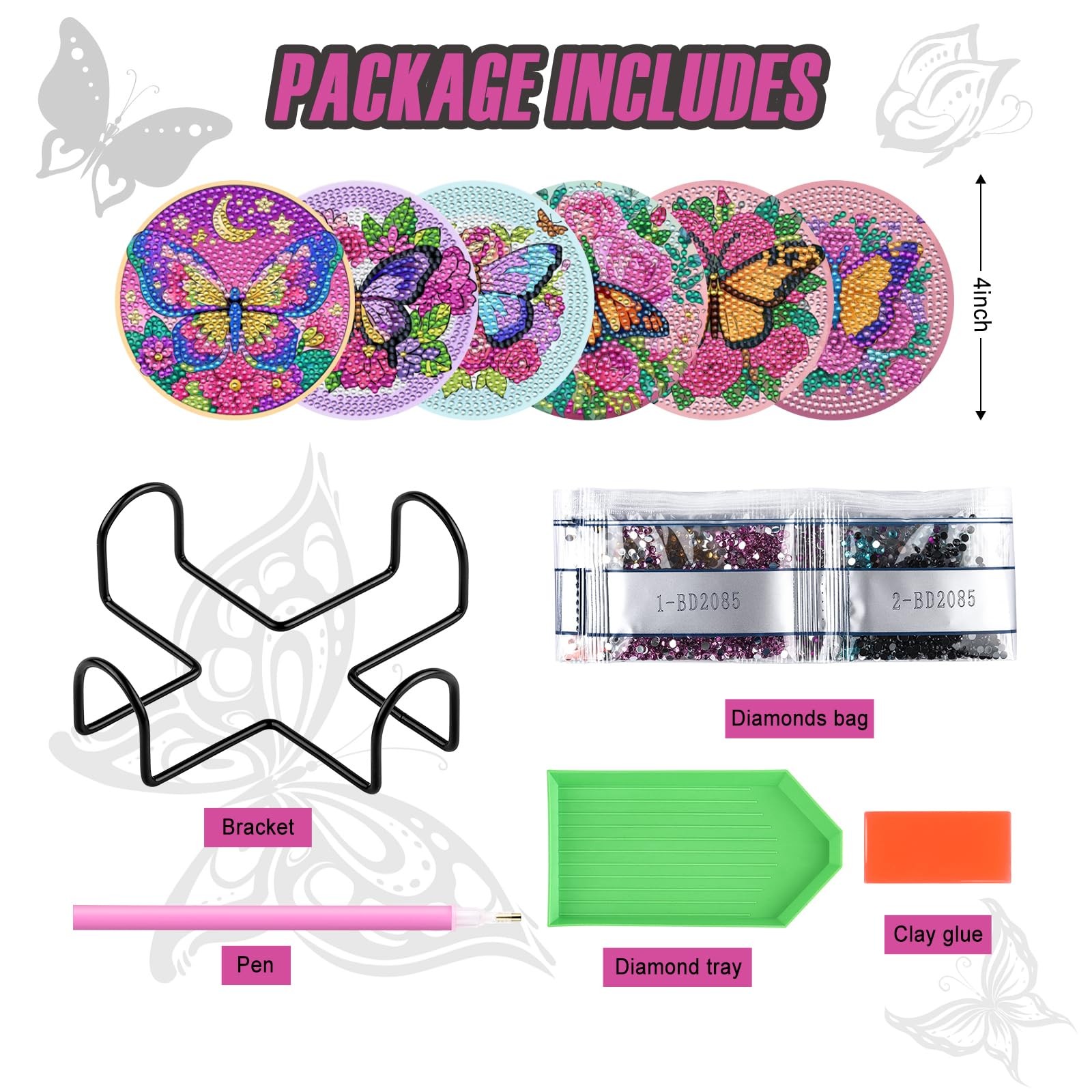 Butterfly Diamond Painting Coasters Kits with Holder, DIY Butterfly Diamond Art
