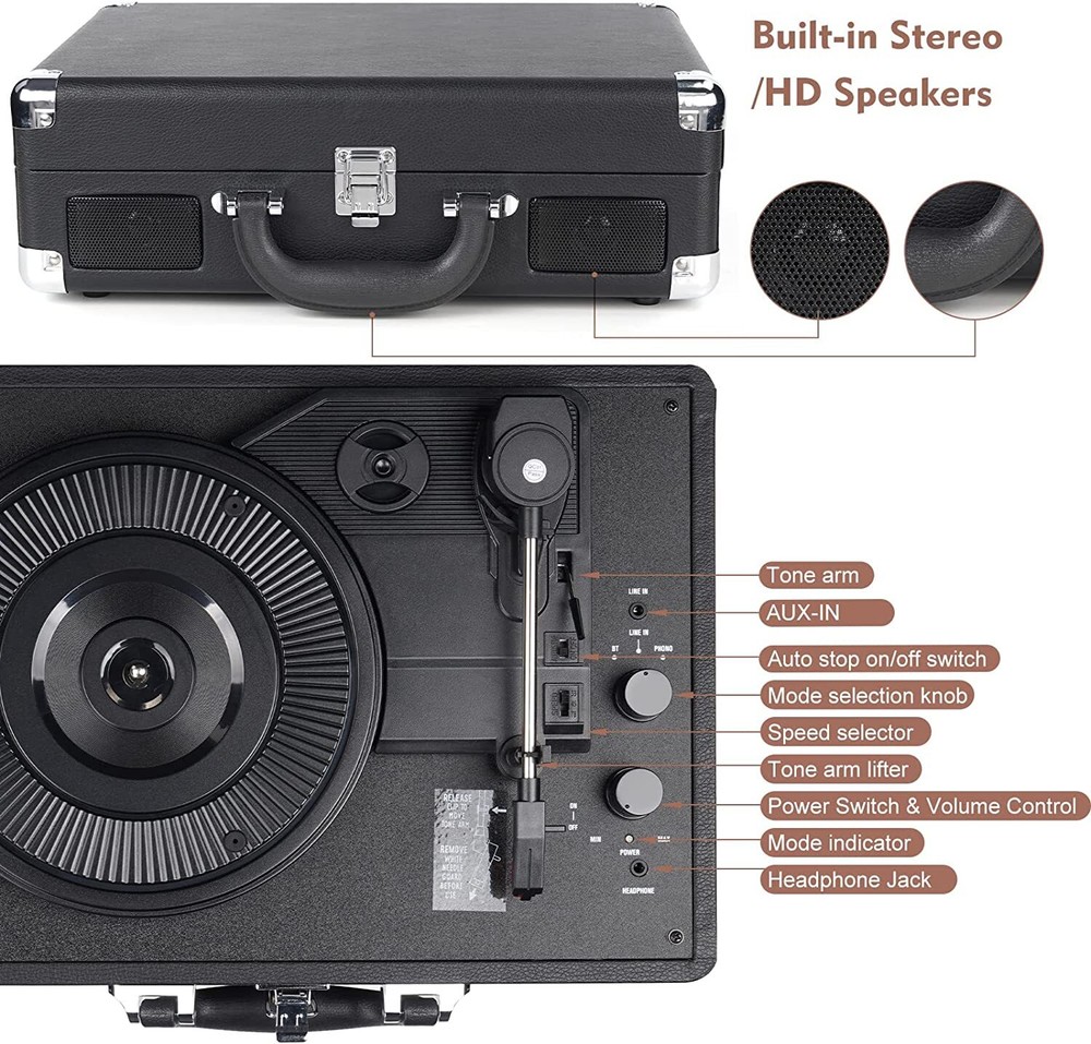 Vinyl Record Player Wireless Turntable Bluetooth 3-Speed Portable Suitcase RCA