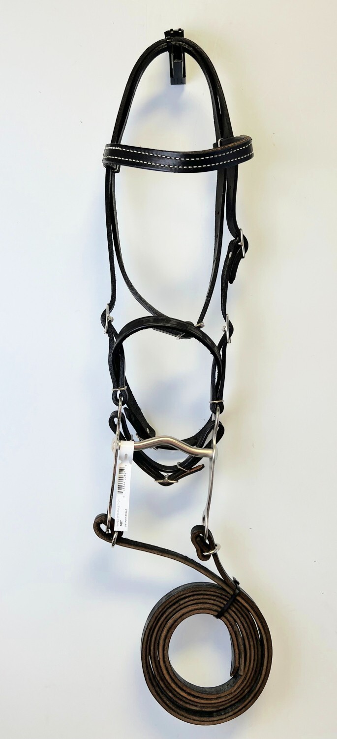 Pony 5/8" Leather Bridle, 4.5" Bit, Black Leather Reins