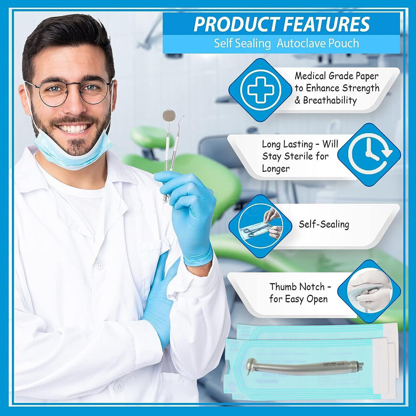1000 3.5" x 10" Dental Sterilization Pouches Sterilizer Autoclave Bags Tool Nail