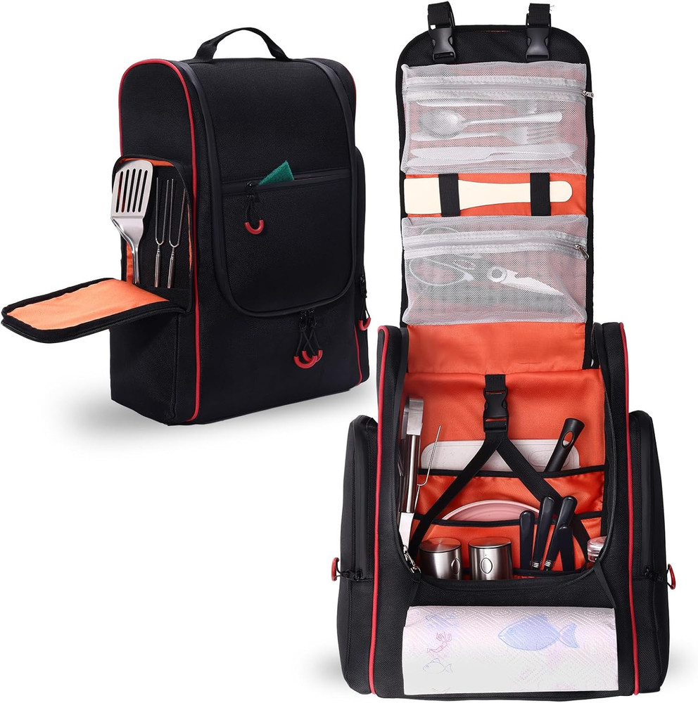 Camping Organizer for Outdoor Kitchen Storage, Large Hanging Cookware Backpack w