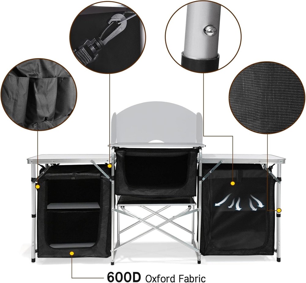 Seeutek Foldable Camp Kitchen Table with Storage Black