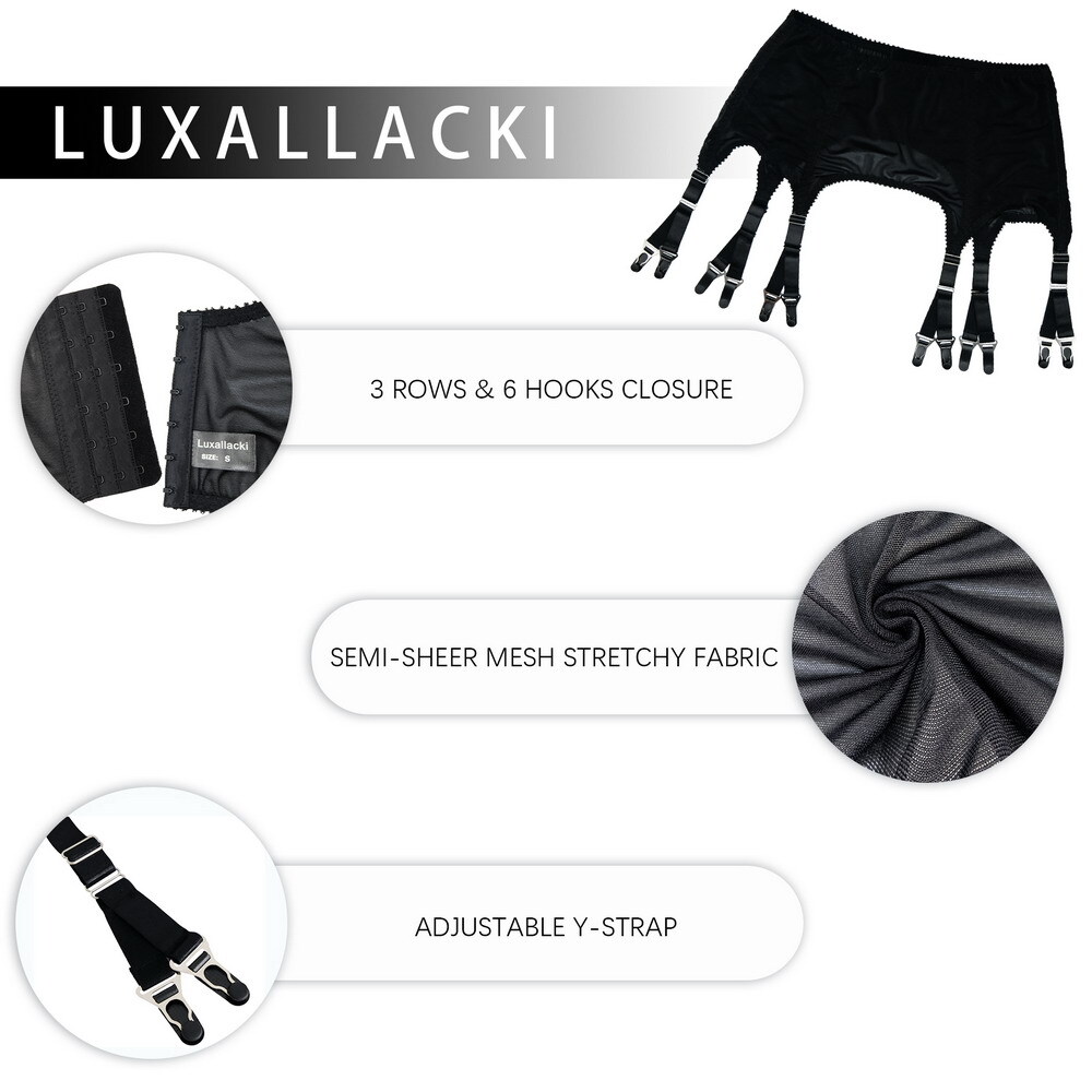 Luxallacki Stretchy Mesh Garter Belt with 6 Adjustable Y-straps and 12 Buckles