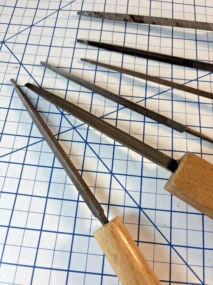 6 Vintage Three Square Triangular Wood Handle Files USA Nicholson