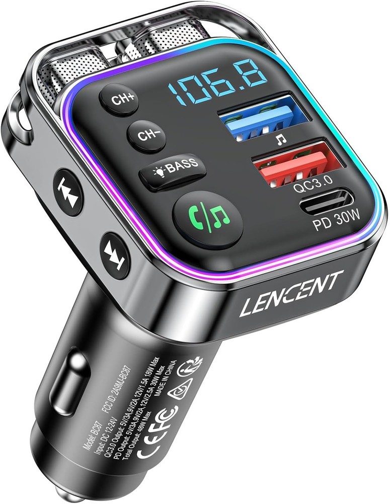 LENCENT Bluetooth 5.3 FM Transmitter Car Adapter 48W PD30W QC18W Fast Charge...