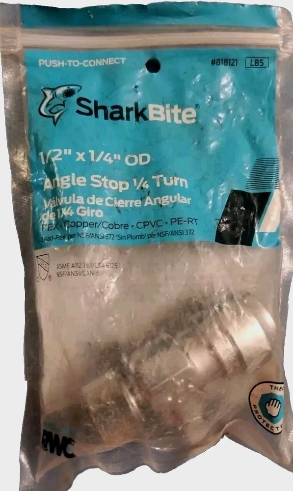 SHARKBITE ANGLE STOP 1/2 x 1/4 new in bag.
