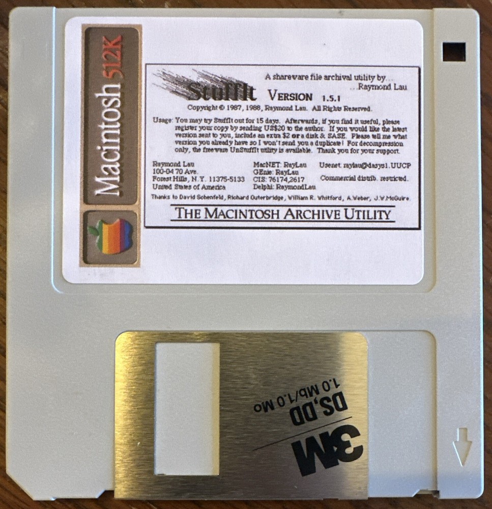Vintage Apple Macintosh 512k Computer Stuffit 1.5.1 Application On New 400k Disk