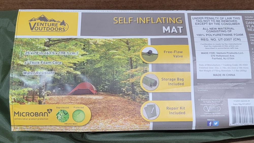 Self Inflating Sleeping mat with storage bag microban venture outdoors 1" thick