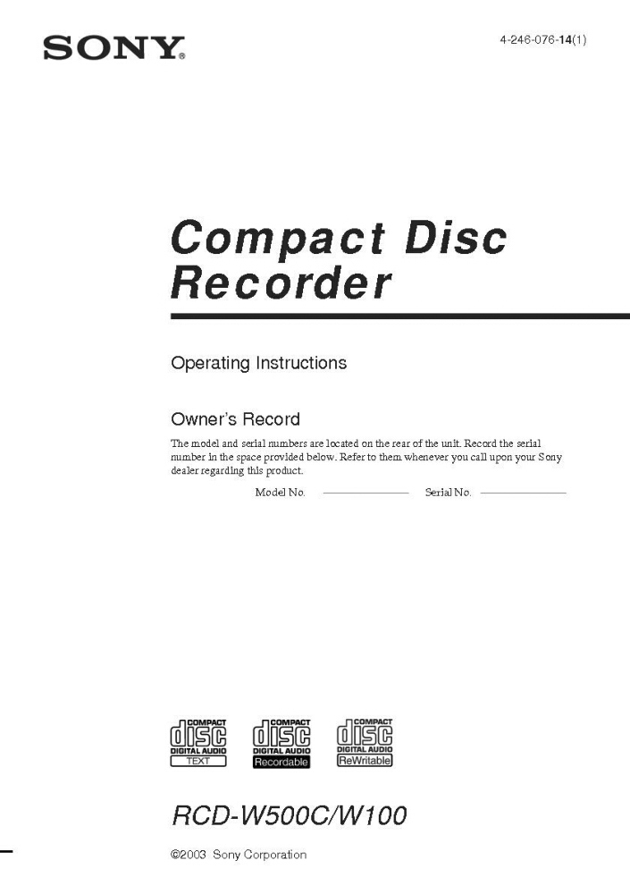 Sony RCD-W100 CD Recorder Owners Manual