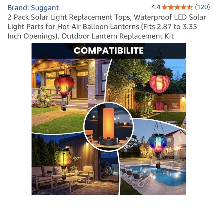 2 Pack Solar Light Replacement Tops with Flickering Flame, Waterproof LED Solar