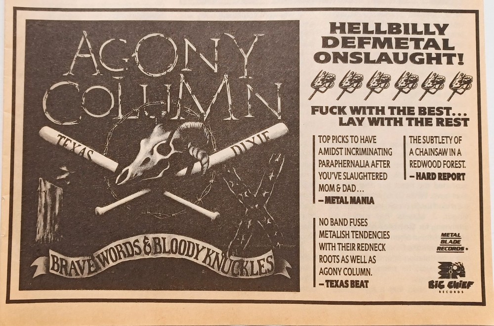 AGONY COLUMN BRAVE WORDS & BLOODY KNUCKLES~1991 ALBUM PROMO 5X8 PRINT AD CLIPPIN