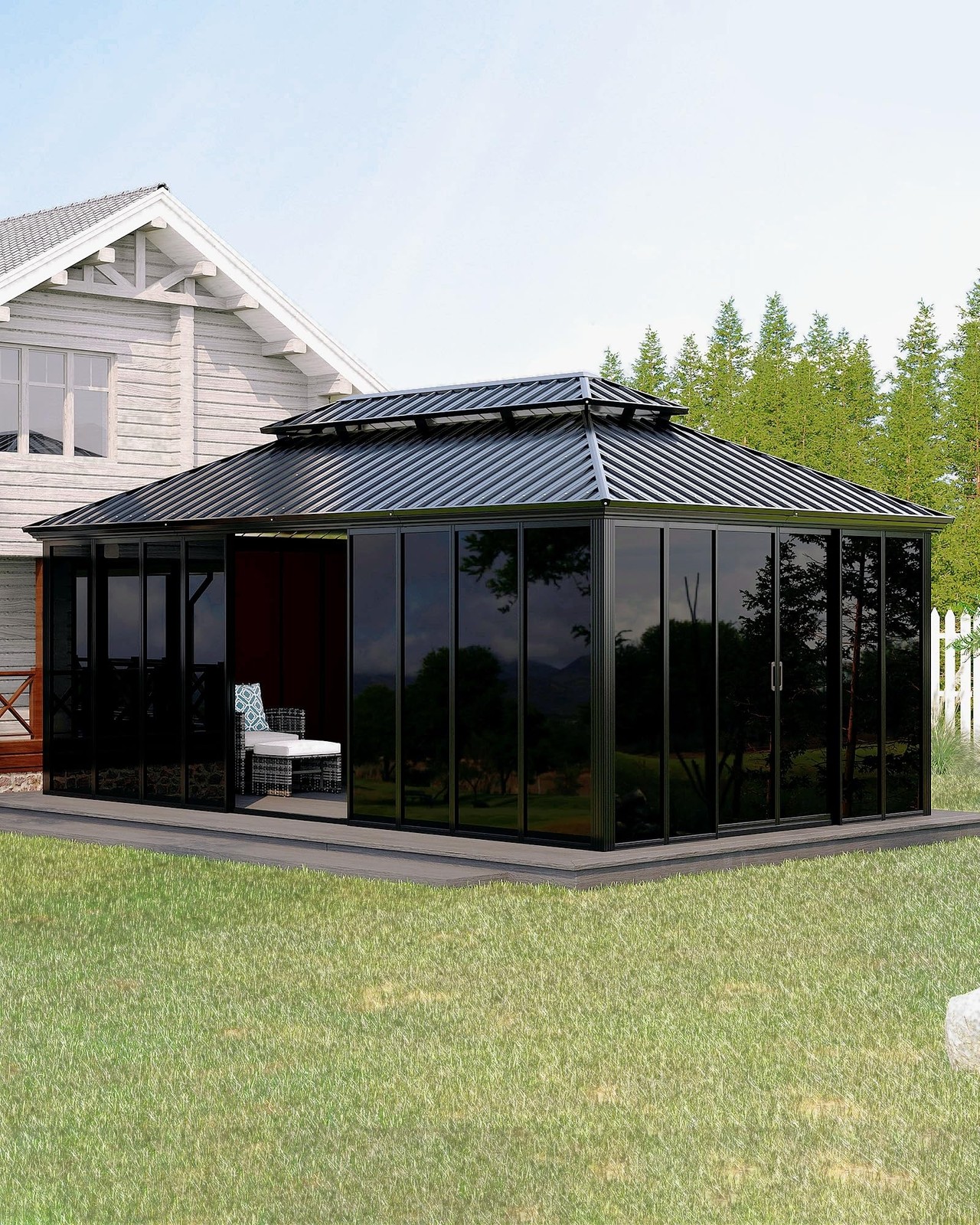 All-Aluminum Hardtop Gazebo 12x20 ft Enclosed Sunroom w/ Sliding Doors Patio