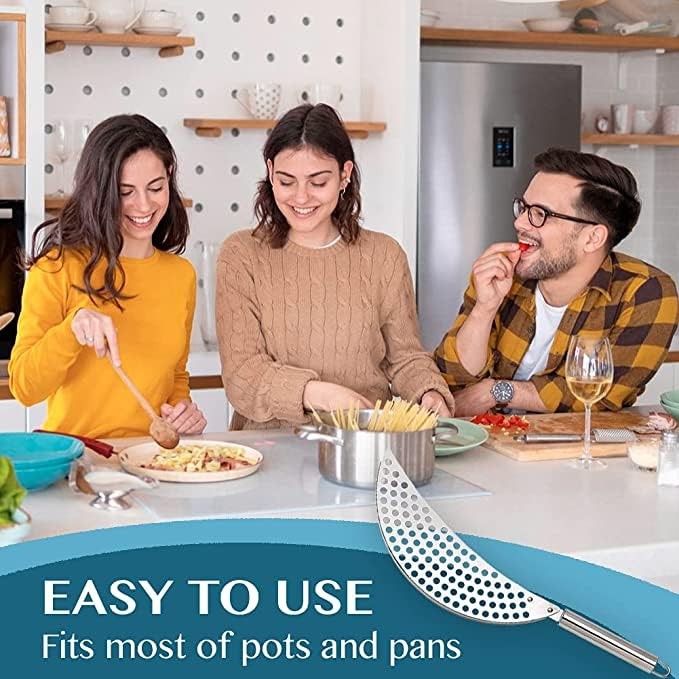 Pan Pot Strainer with Handle Stainless Steel Hand Held Crescent Small, Silver