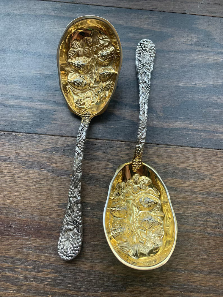 VINTAGE Neiman Marcus Strawberry and Grape Vine Spoon Set Godinger Silver Gold