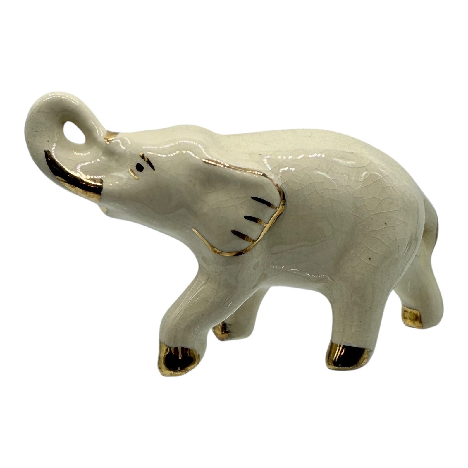 Vintage Ceramic Elephant Figurine Gold Accents Lucky Up Trunk Decor