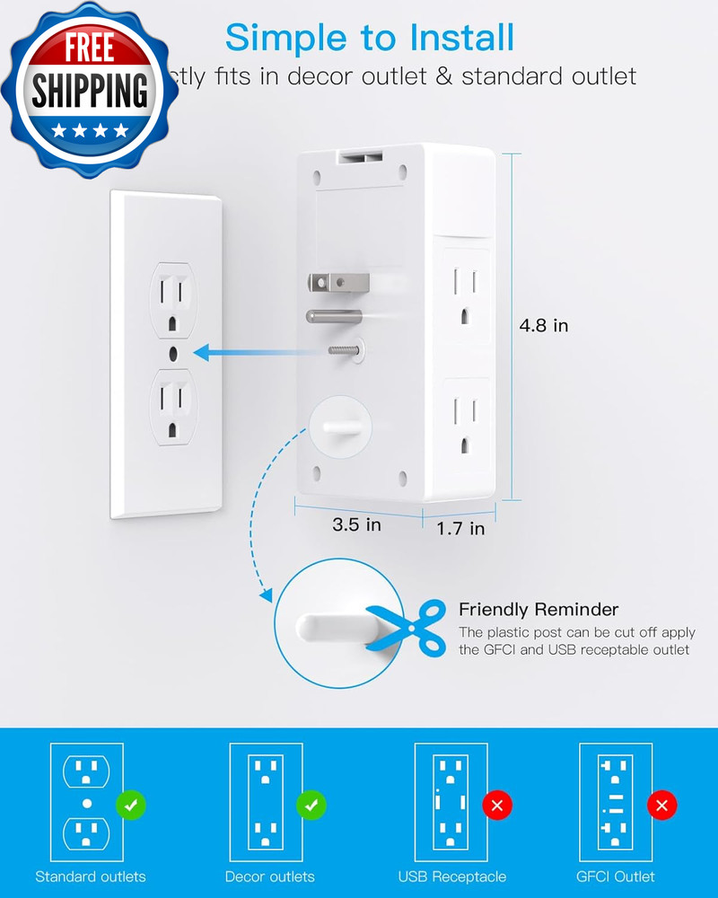 Multi Plug Outlet Surge Protector 5 Outlet Extender with 4 USB Charging...