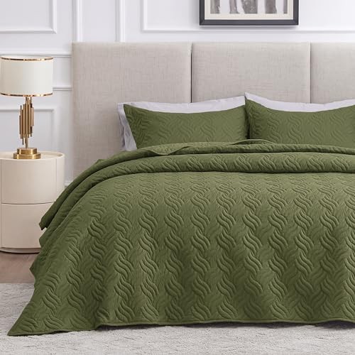 King Size Quilt Bedding Set Olive King (106"x96") Wave Pattern Olive Green