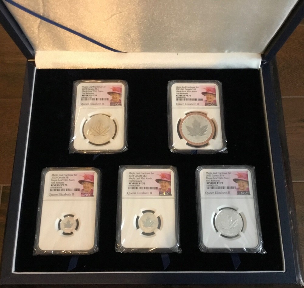 2023 QUEEN ELIZABETH SILVER 35TH MAPLE LEAF NGC PF70 5-COIN REVERSE PROOF SET!