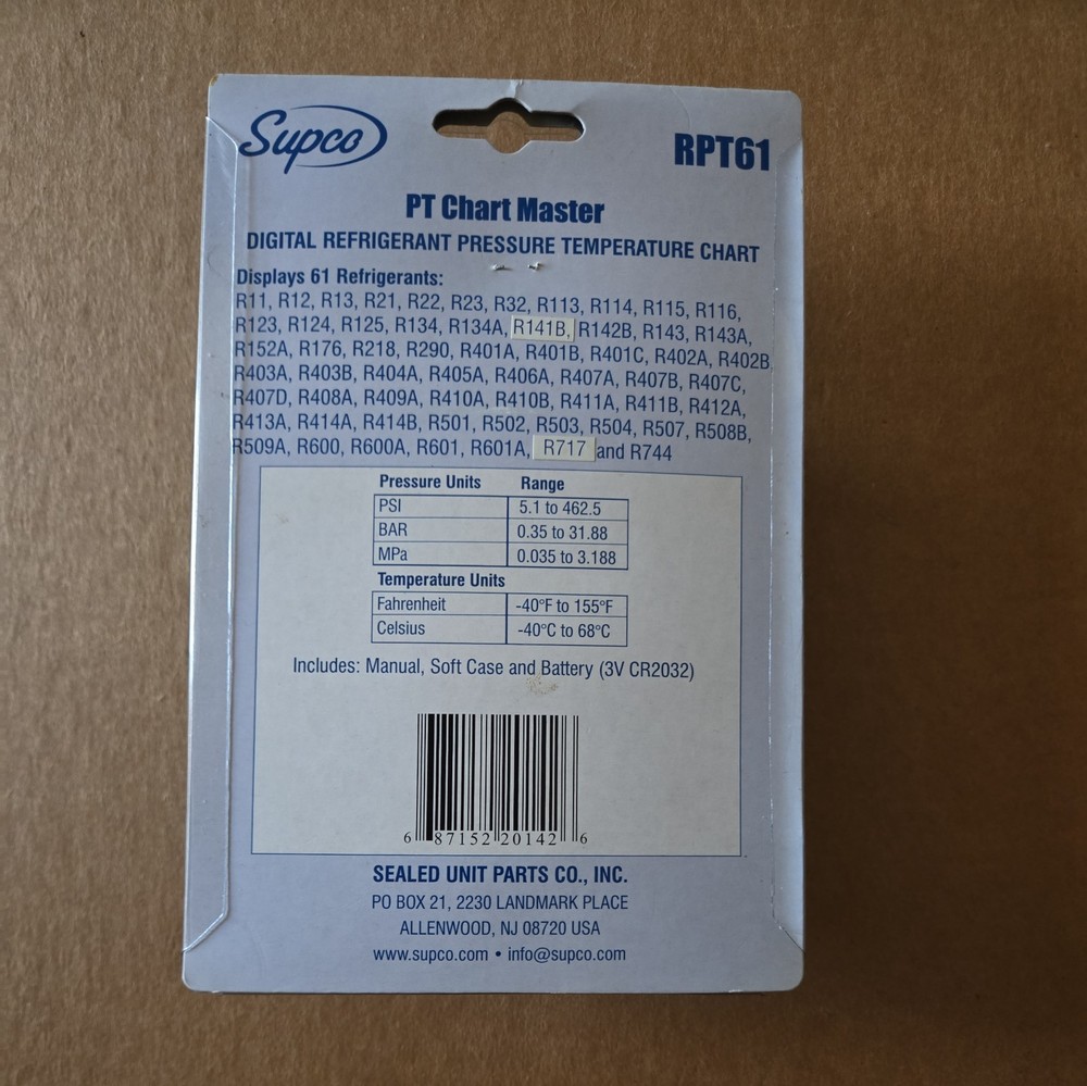 Supco PT Chart Master RPT61 Refrigerant Pressure Temperature Chart