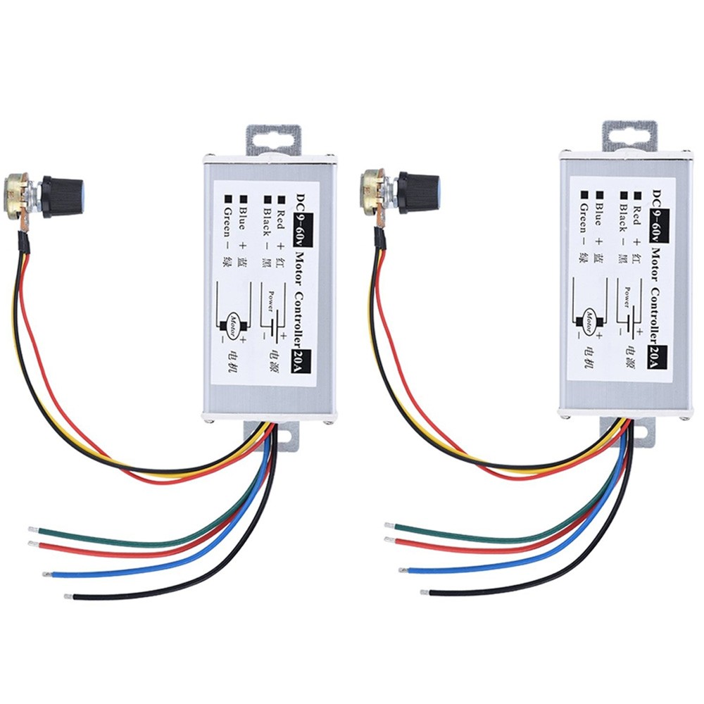 2Pcs PWM DC Brush Motor Stepless Variable Speed Controller Switch, 20A DC9V-60V