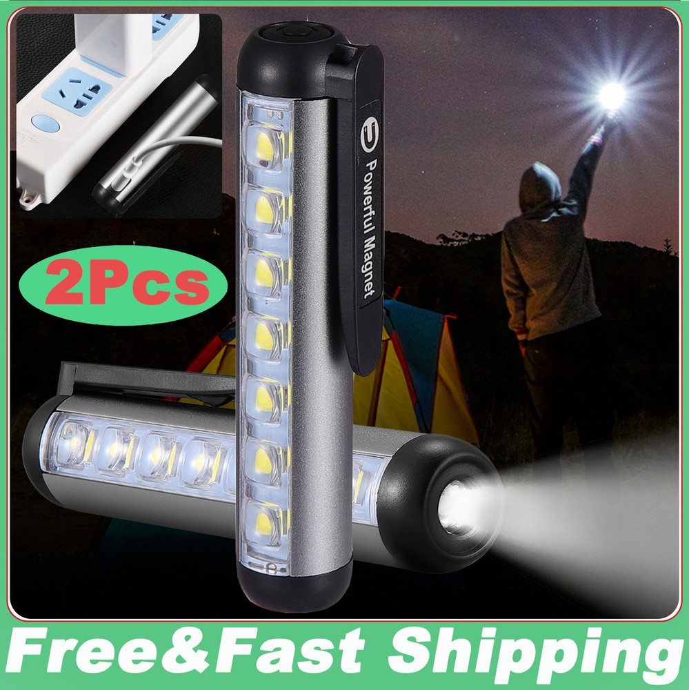 2 Pcs Magnetic LED Pen Light Rechargeable Mini Flashlight Pocket Work Torch Lamp