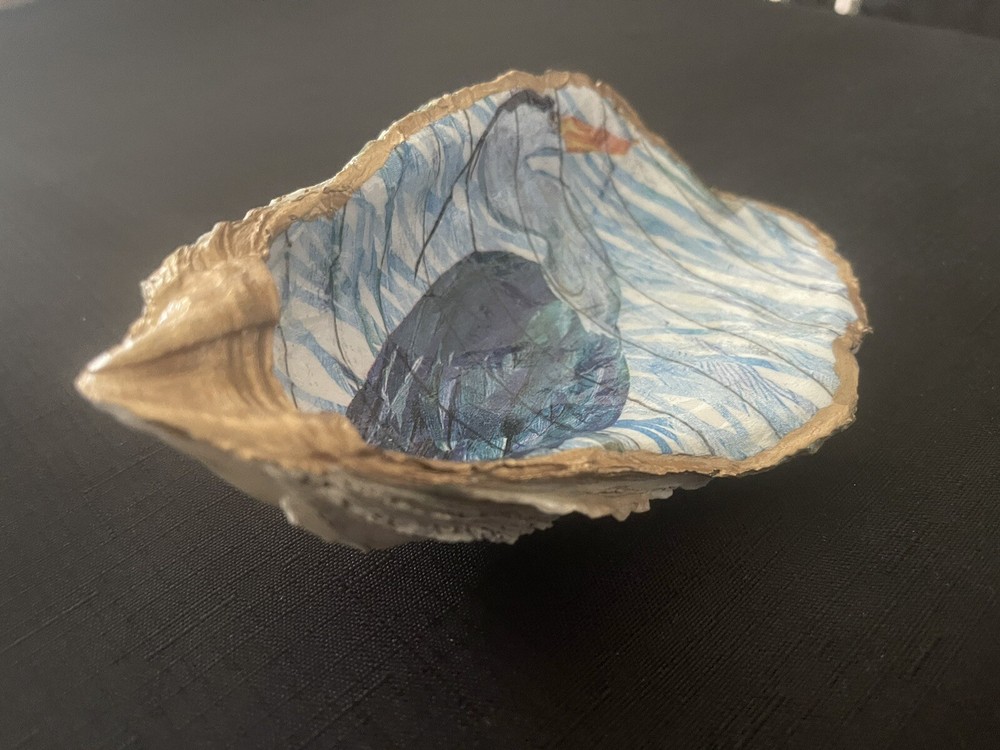 Decoupaged Blue Heron Oyster Shell Trinket Ring Dish