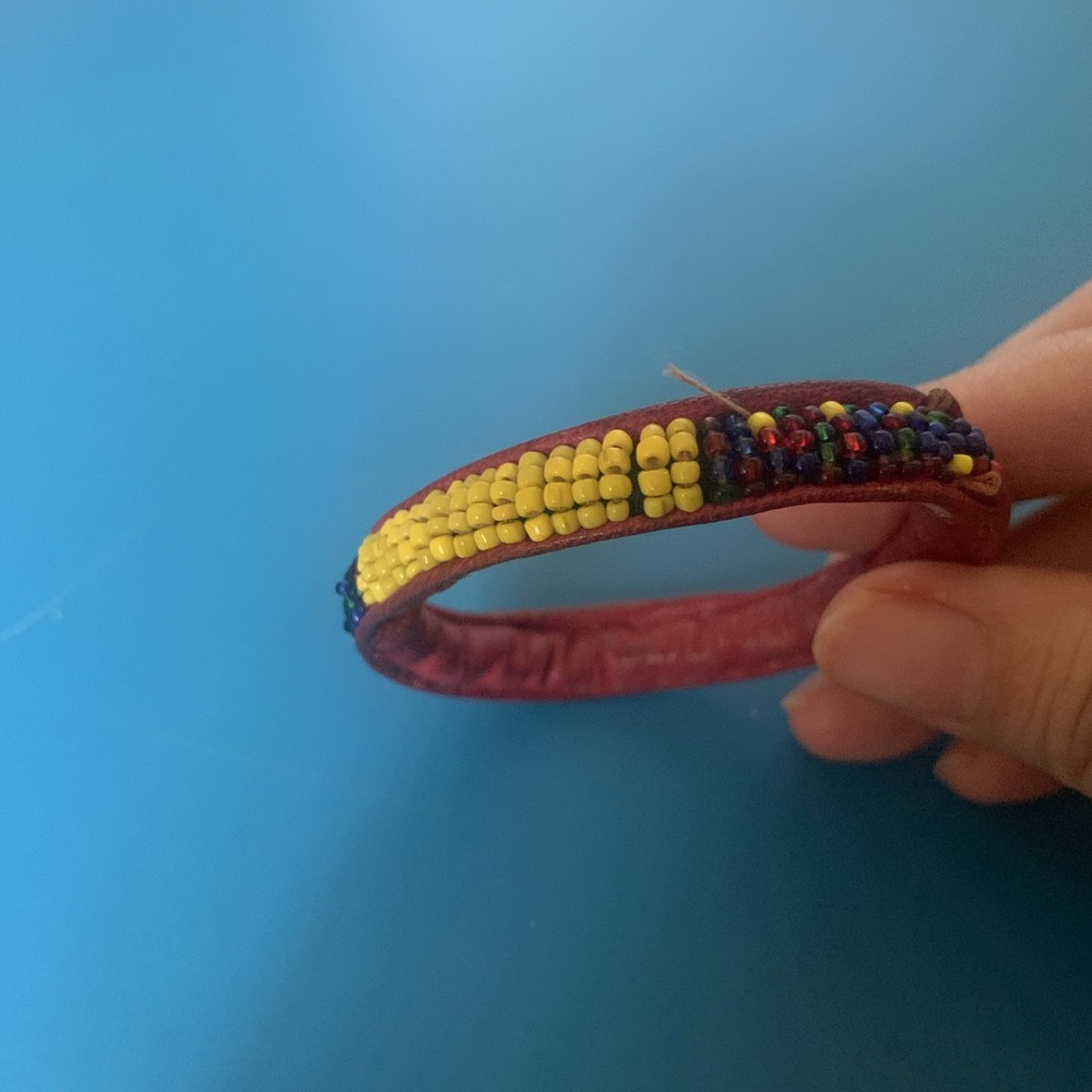 SOUTHWESTERN BANGLE BRACELET SEED BEAD LEATHER BACKED