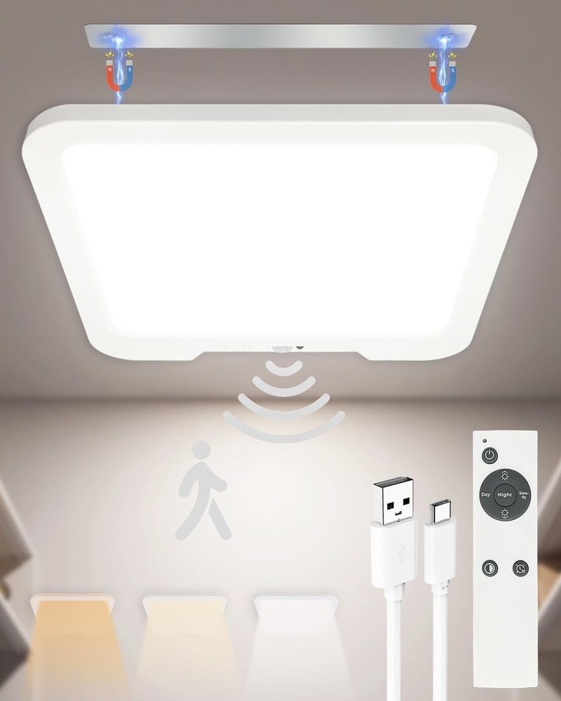 Rechargeable Motion Sensor Ceiling Light with Remote, Dimmable Magnetic Mount Cl