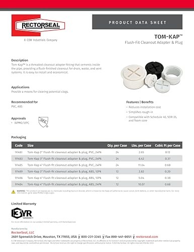 Tom-Kap 97483 Threaded Cleanout Adapter Fitting, Easy Application, Plumbing 3"