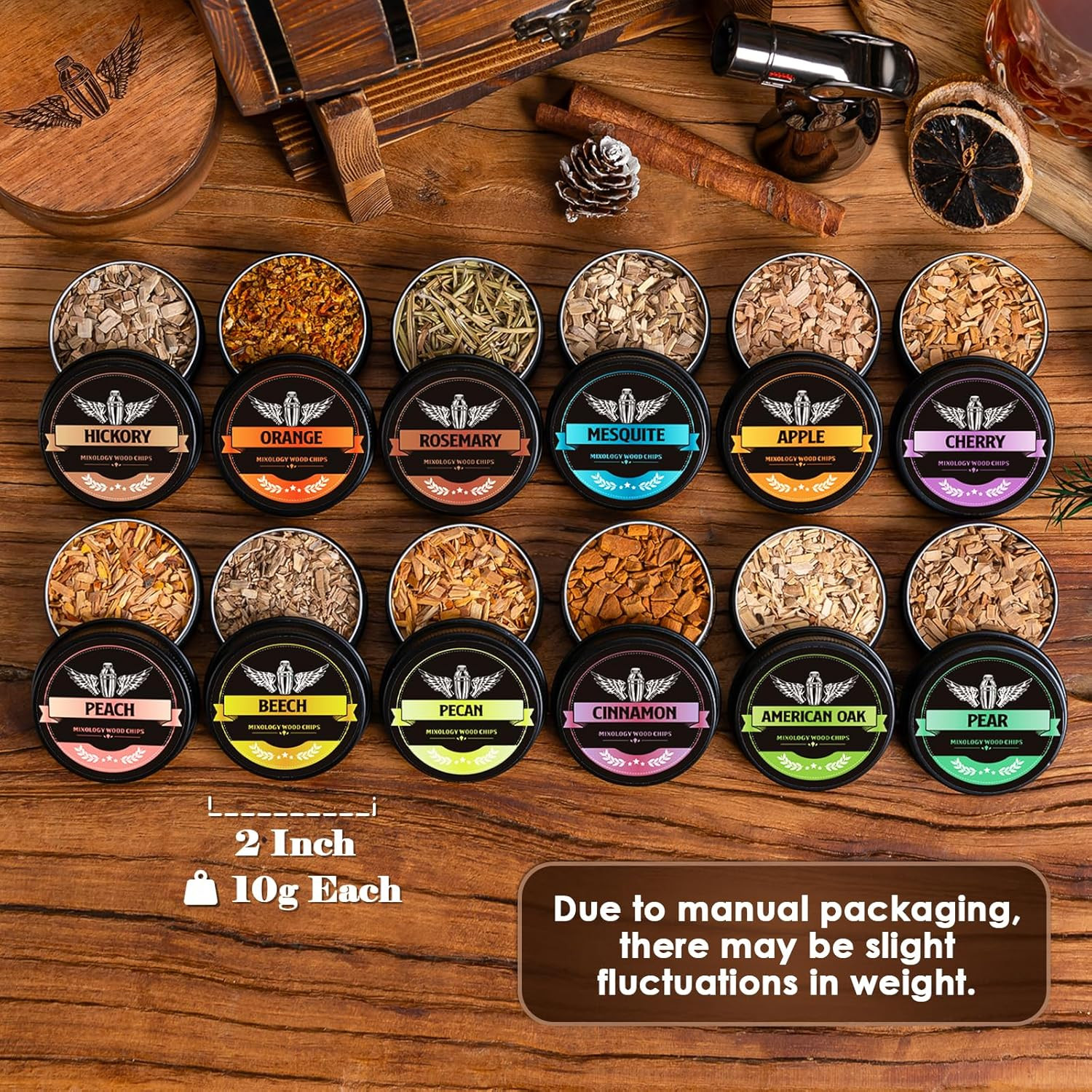 Natural Wood Chips for Cocktail Smoker, 12 Flavors Wood Chips Including Apple,Ch