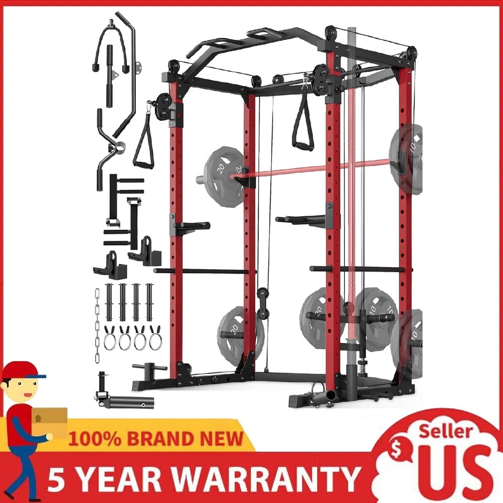 Power Cage Multi-Function Squat Rack for Home Gym w/Pulley Cable System ,Dip Bar