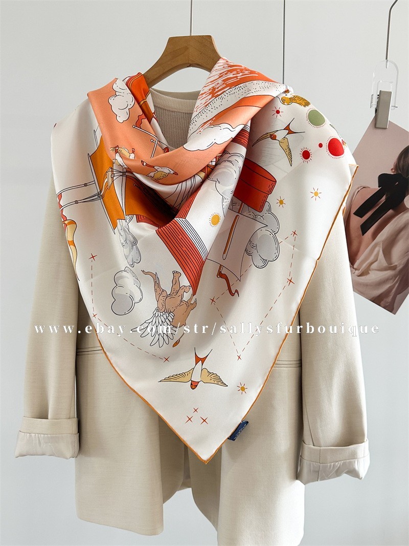 Sallys 100% Twill Silk Large Wrap Scarf Stole Boats Print Square Shawl 135cm