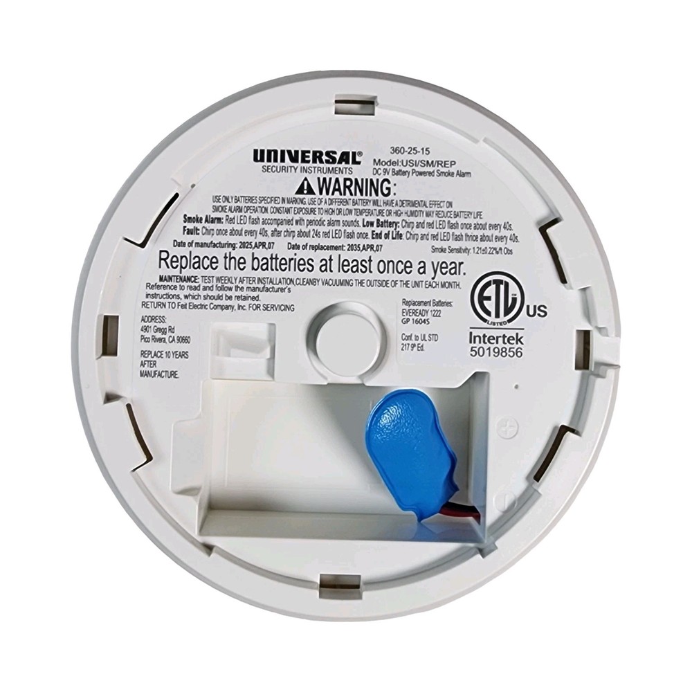 Universal Security Instruments 9-V White Smoke Detector w/ Photoelectric Sensor