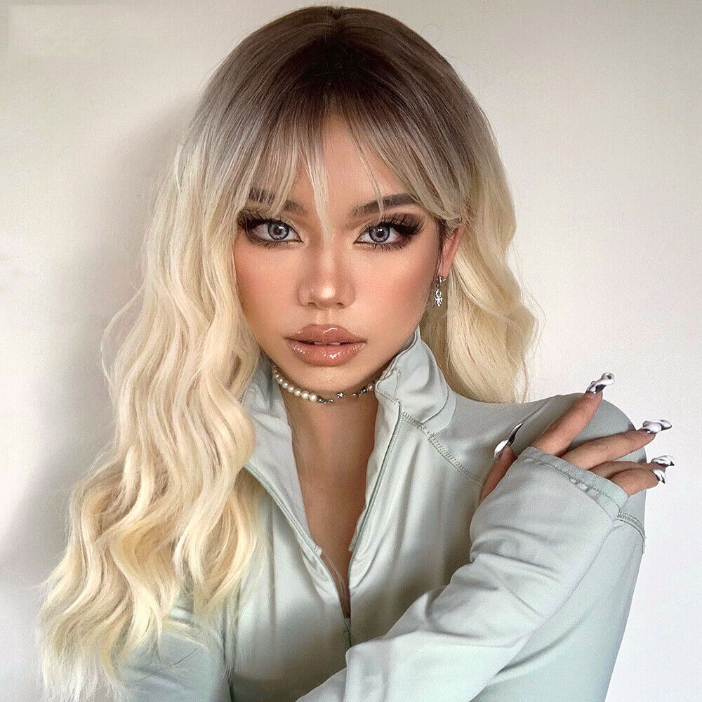 Platinum Blonde Hair Wigs with Bangs Long Wavy Synthetic for Women Fanshion Wigs
