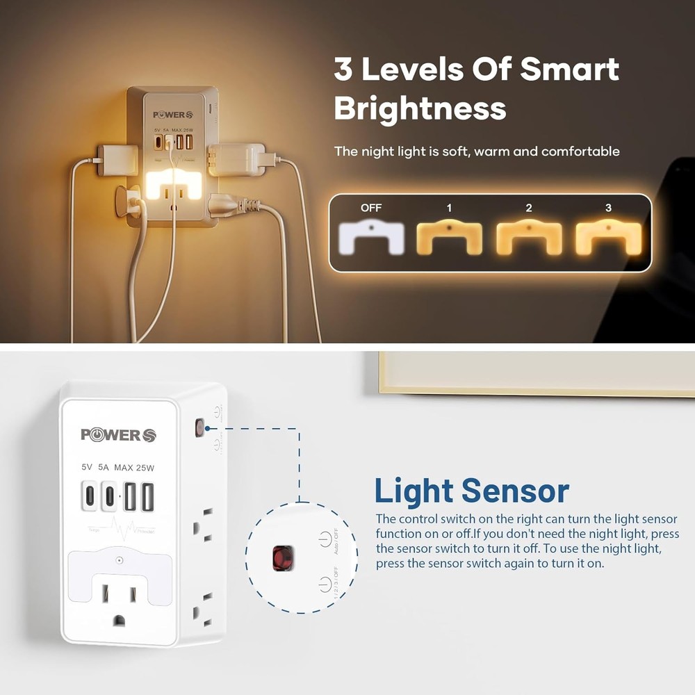 2 Pack Multi Plug Wall Outlet with USB Ports and Night Light