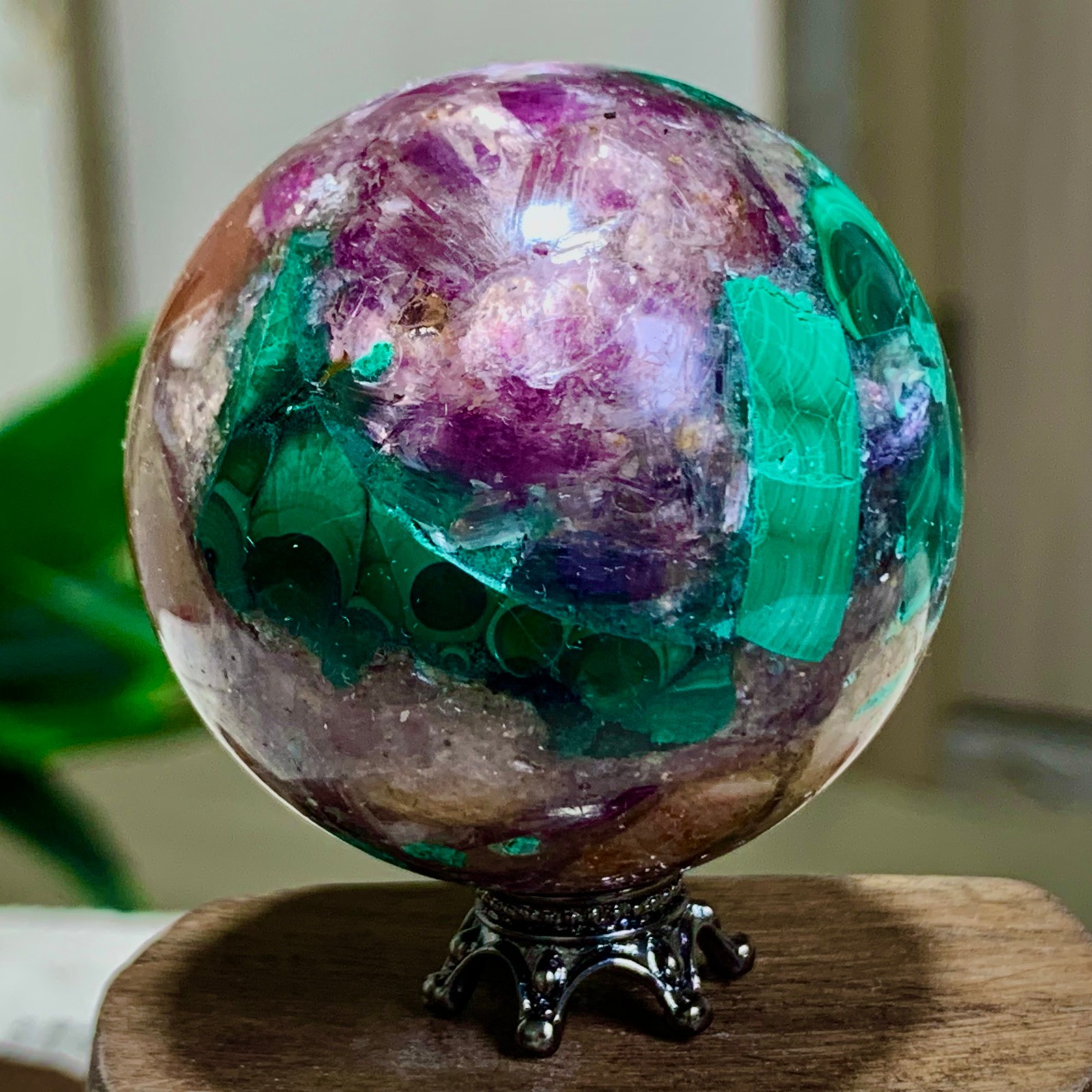 117G Newly discovered rare malachite purple mica symbiotic sphere restoration