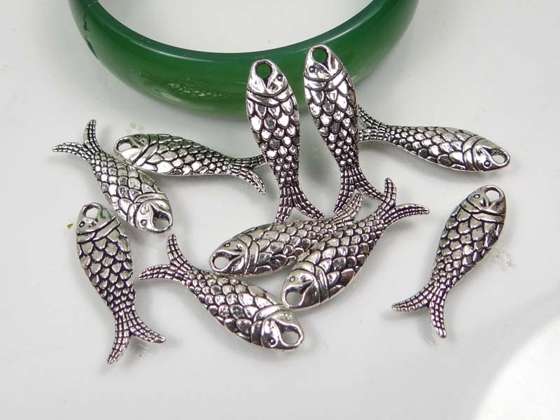 10 Antique Silver Pewter Fish Bead Charms 24x7mm