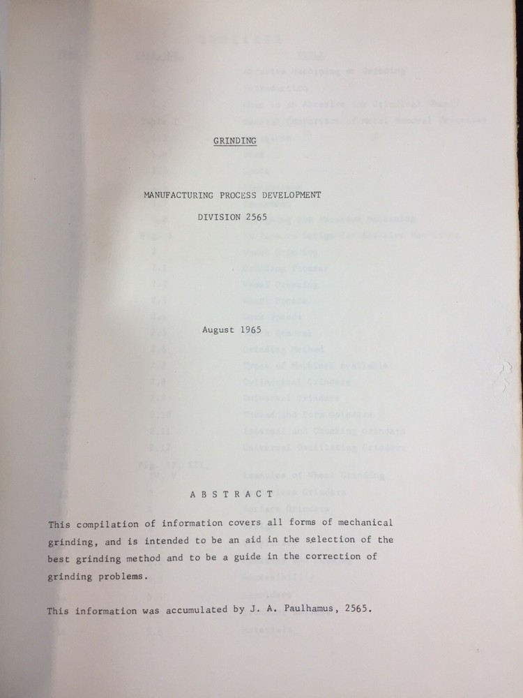 VINTAGE 1965 STUDY," GRINDING, MANUFACTURING PROCESS DEVELOPMENT", SANDIA CORP