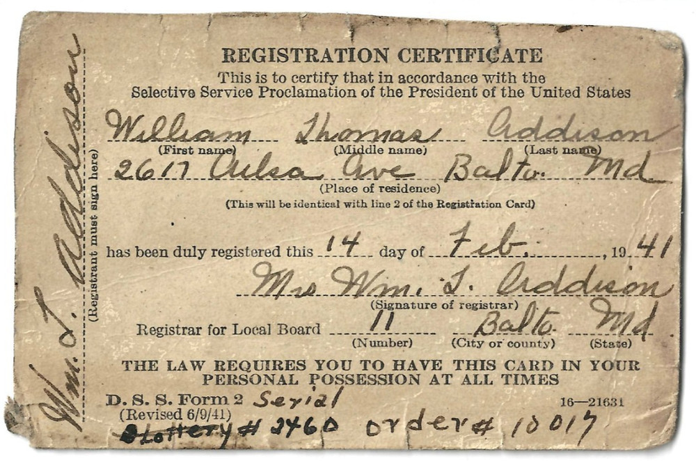 Selective Service Registration Certificate 1941 Proclamation DSS Form Valentines