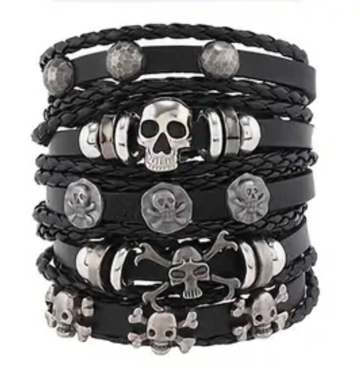 5 PC Leather Punk Bracelet Stackable Adjustable Tie New Free Ship B2665