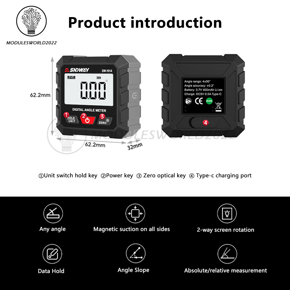 Digital Angle Gauge Protractor Inclinometer Rechargeable Level Box Gauge 4*90°
